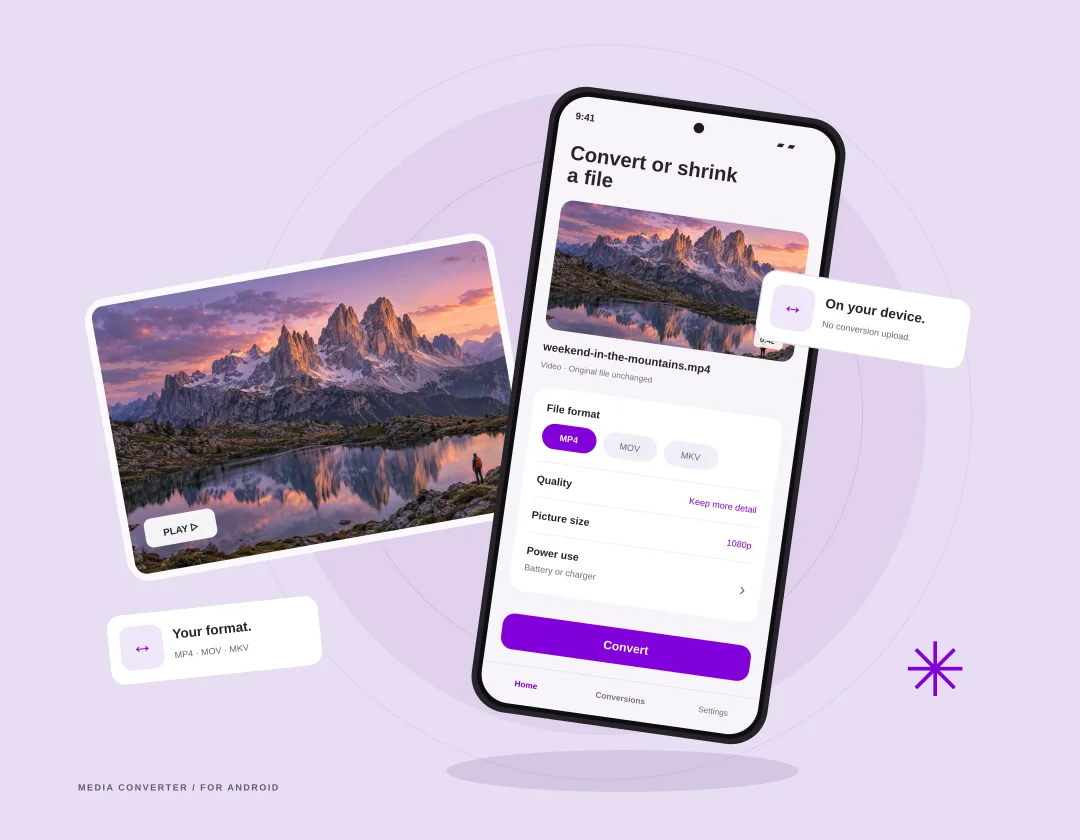 Illustrative Media Converter interface with an alpine video preview and format choices.