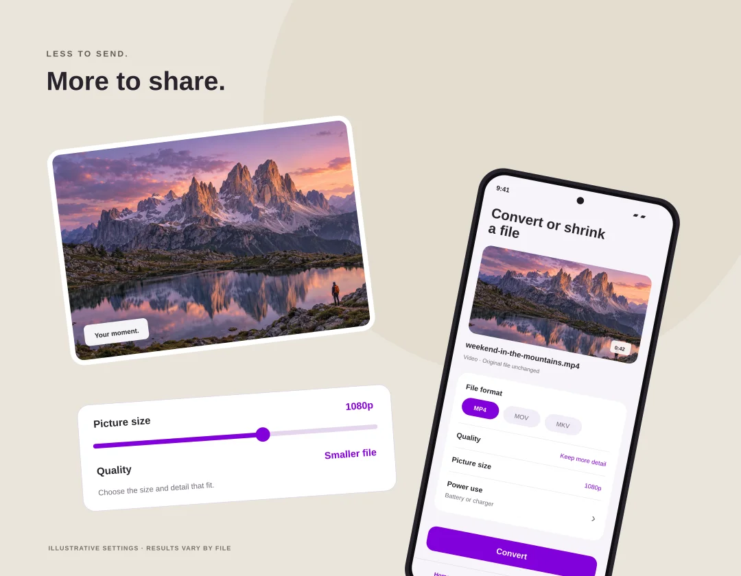 Promotional illustration of picture-size and quality controls alongside a travel video, showing how to prepare a smaller file.